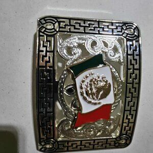 Western Style Belt Buckle – Mexican Flag Design – Silver Tone